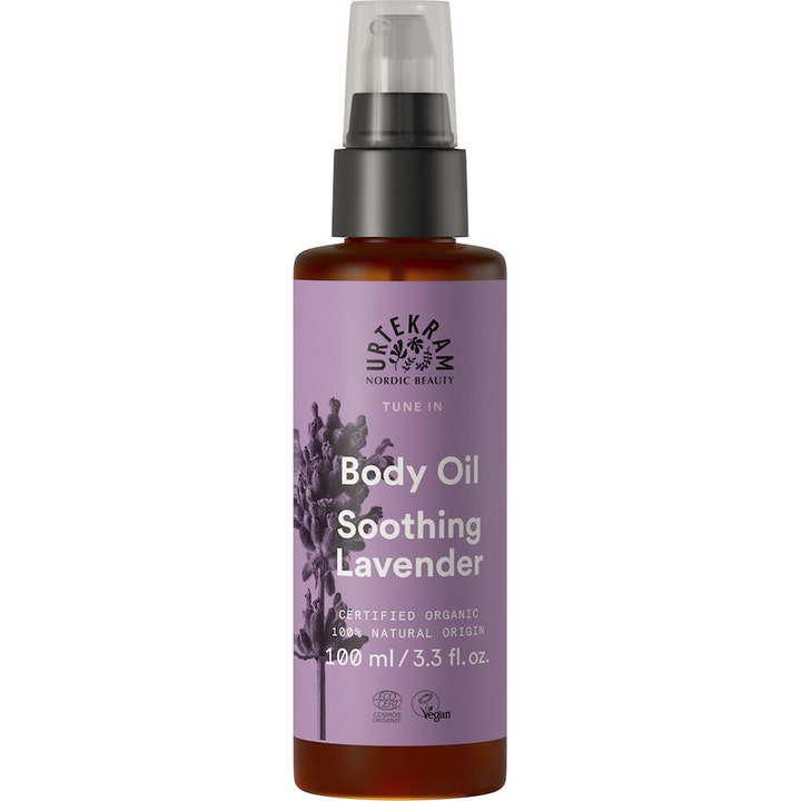 Urtekram Tune In Body Oil Soothing Lavender 100 ml beroligende kropsolie i brun flaske med lilla etiket og sort pumpe