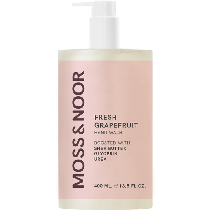 Moss & Noor Fresh Grapefruit 400 ml plejende håndsæbe i lyserød pumpeflaske med sheasmør og glycerin