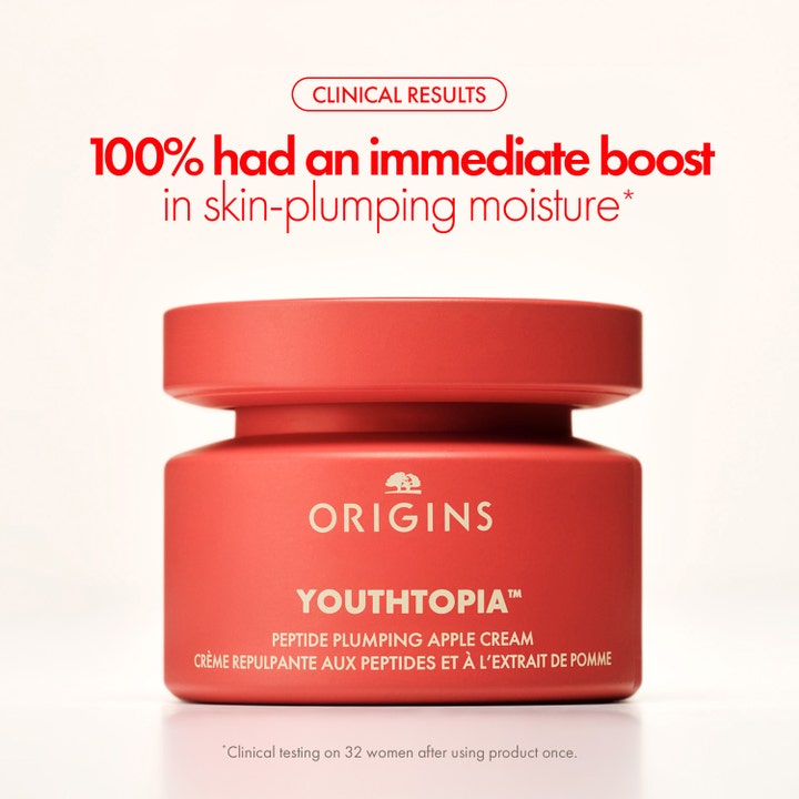 Origins Youthtopia Peptide Plumping Apple Cream 50 ml udfyldende ansigtscreme i rød krukke med kliniske resultater