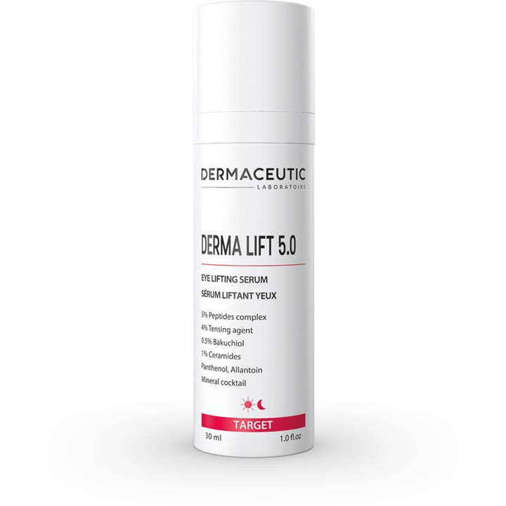 Dermaceutic Derma Lift 5.0 30 ml opstrammende øjenserum i hvid cylinderformet pumpeflaske med sort tekst.