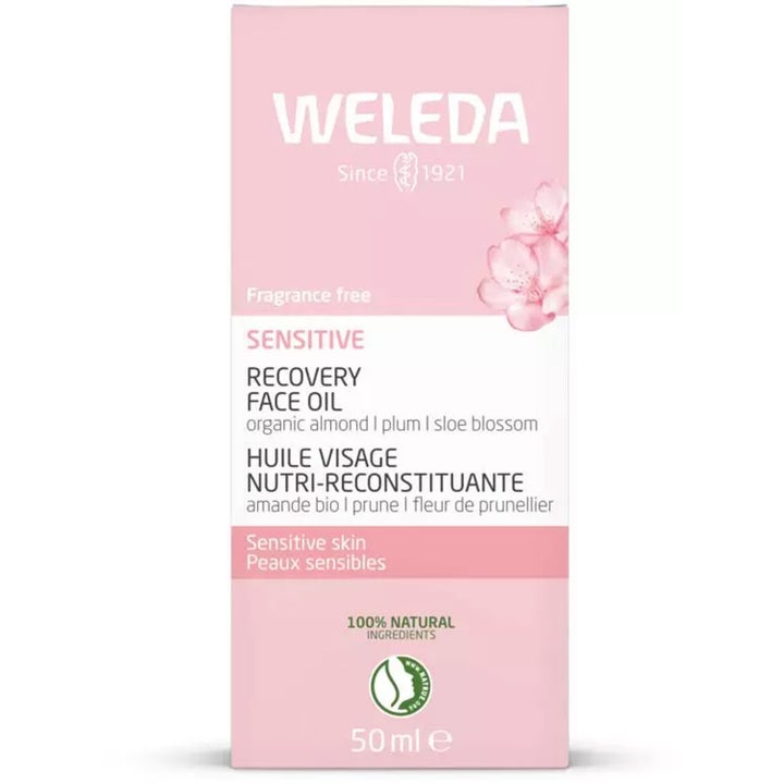 Weleda Sensitive Recovery Face Oil 50 ml beroligende ansigtsolie i lyserød papæske med blomster