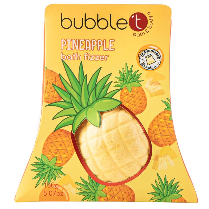 Bubble T Pineapple Bath Fizzer 150g badebombe der giver et tropisk bad formet som en gul ananas i gul emballage