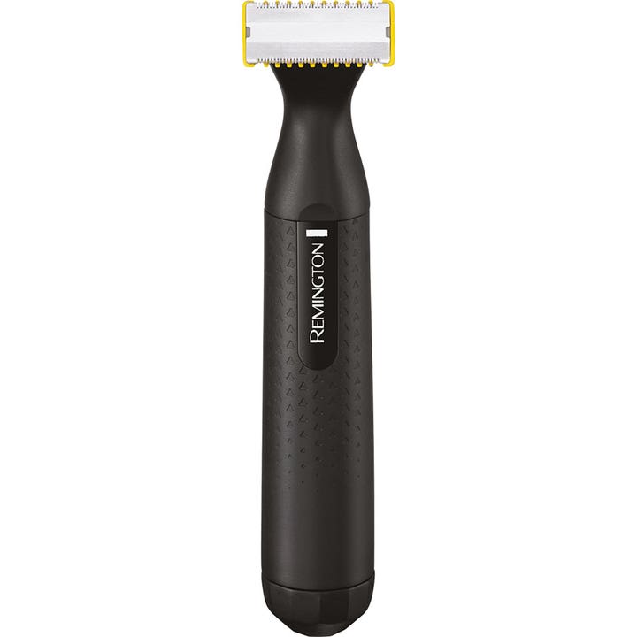 Remington Durablade trimmer til præcis styling med sort tekstureret håndtag og sølvfarvet skærhoved med gule kanter