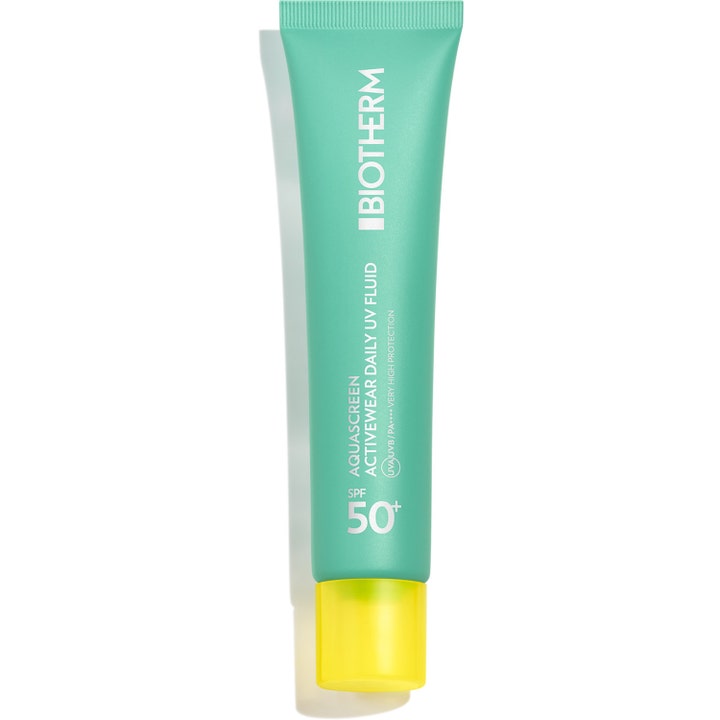 Biotherm Aquascreen Activewear Daily UV Fluid SPF 50+ solcreme i mintgrøn tube med klart gult låg