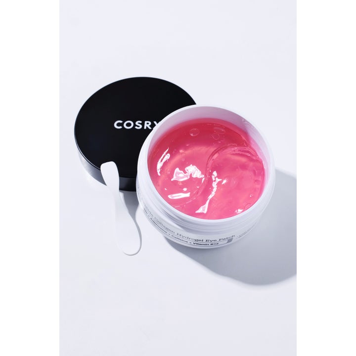 COSRX The Peptide Collagen Hydrogel Eye patch 60 stk lyserøde øjenmasker i hvid krukke med sort låg og spatel