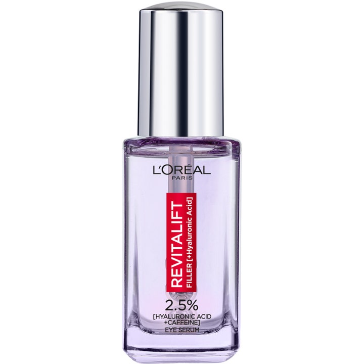 L'Oréal Paris Filler Eye Serum 20 ml fugtgivende øgenserum i gennemsigtig glasflaske med sølvlåg
