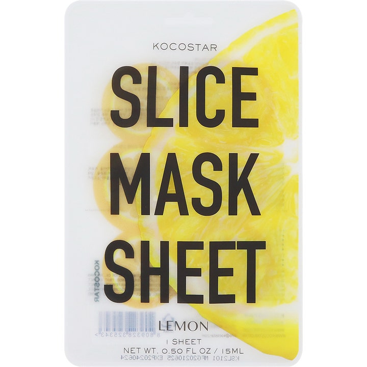 Kocostar Slice Mask Sheet Lemon 15 ml opfriskende ansigtsmaske i hvid sachet med motiv af en stor gul citronskive.