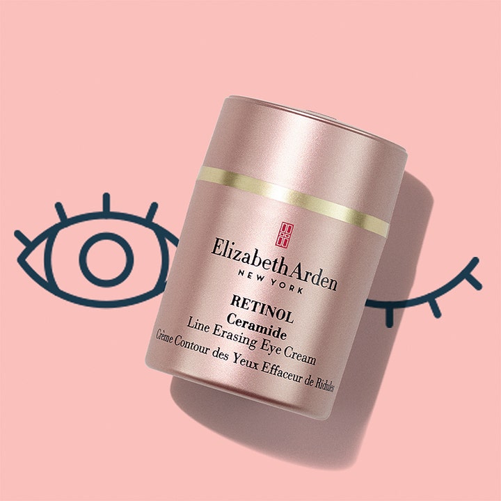 Elizabeth Arden Retinol Ceramide Line Erasing Eye Cream 15 ml øjencreme i en lyserød beholder med guldring