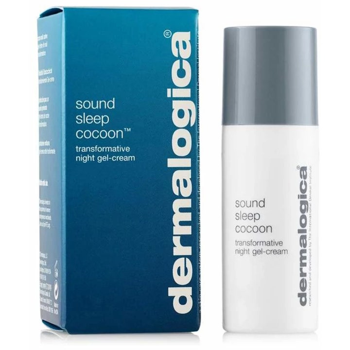 Dermalogica Sound Sleep Cocoon 10 ml transformerende natcreme i hvid pumpeflaske med gråt låg og blå æske