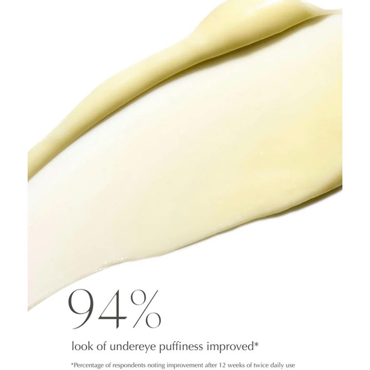 Exuviance Bright Eyes Dark Circle Corrector 15 g øjencreme viser cremet gul tekstur og tekst om 94% mindre hævelse