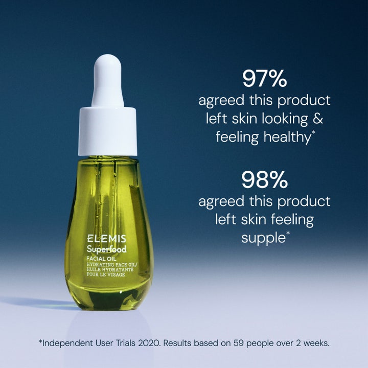 Elemis Superfood Facial Oil 15 ml nærende ansigtsolie i grøn glasflaske der giver sund og smidig hud.