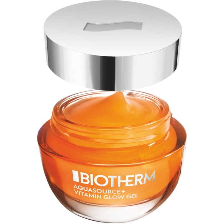 Biotherm Aquasource Vitamin Glow 50 ml ansigtscreme giver glød med orange gel i glaskrukke og svævende sølvlåg