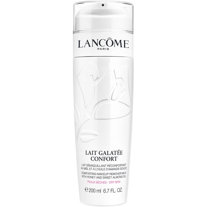 Lancôme Galatée Confort 200 ml rensende makeupfjerner til tør hud i hvid flaske med præget rose og klar pumpehætte.