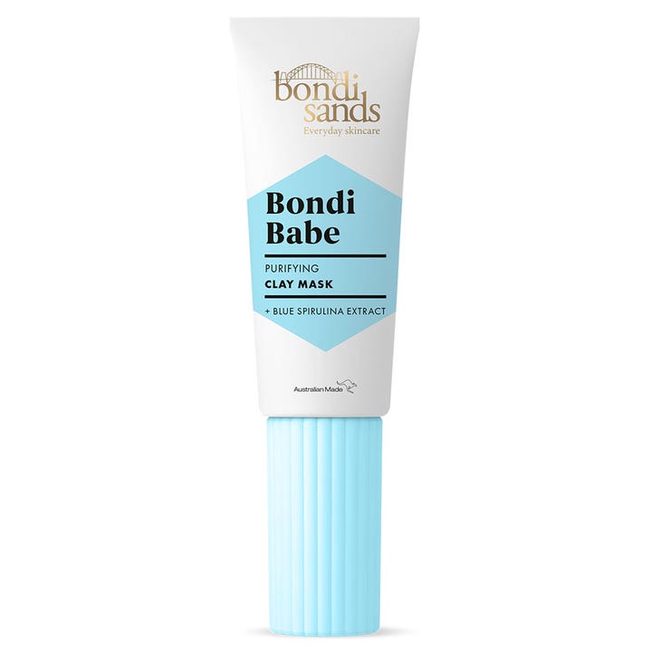 Bondi Sands Bondi Babe Purifying Clay Mask rensende lermaske med blå spirulina i hvid tube med lyseblåt rillet låg