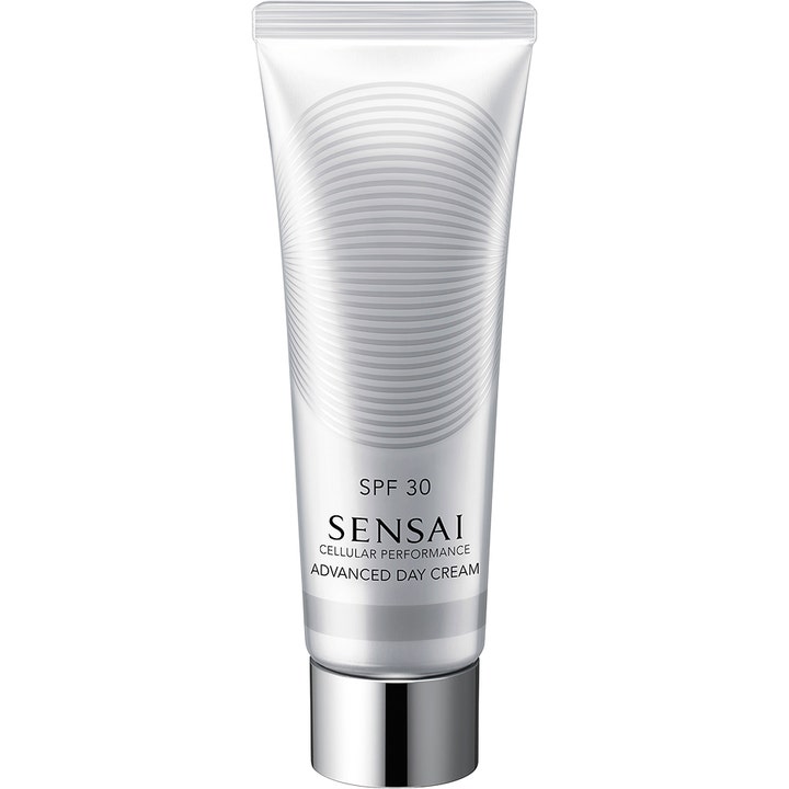 Sensai Cellular Performance Advanced Day Cream SPF 30 beskyttende dagcreme i hvid tube med cirkulært mønster og sølvlåg
