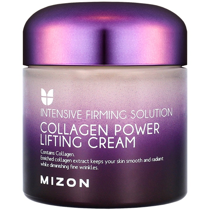 Mizon Collagen Power Lifting Cream opstrammende ansigtscreme med kollagen i lilla krukke med metallisk låg.