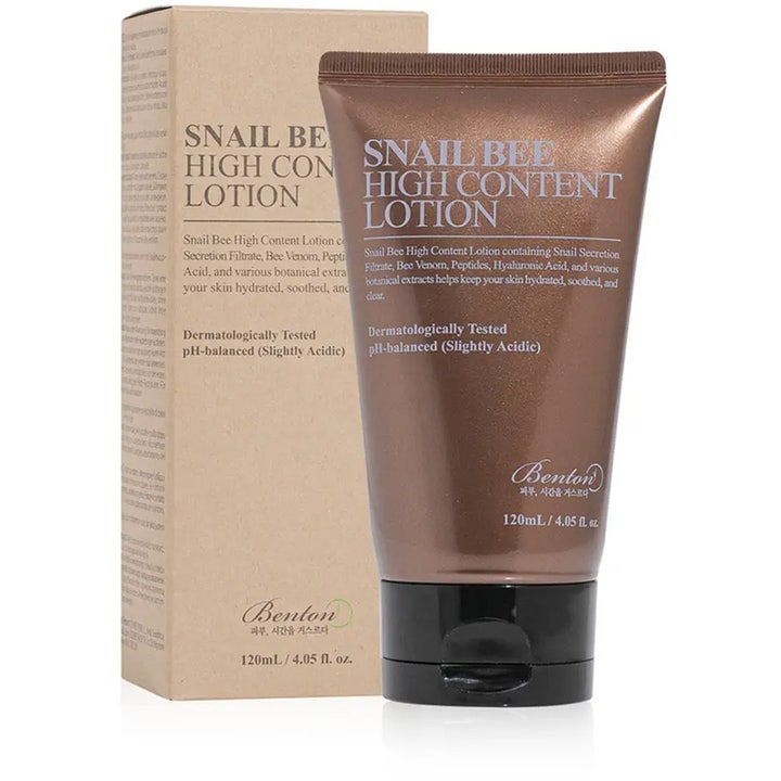 Benton Snail Bee High Content Lotion 120ml beroligende ansigtslotion med snegleekstrakt i brun tube og æske