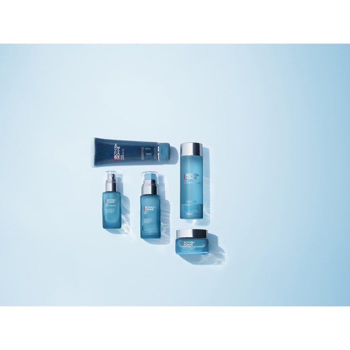 Biotherm T-Pur Anti Oil & Shine Gel 50 ml matterende dagcreme i blå pumpeflaske vist med hele T-Pur serien.
