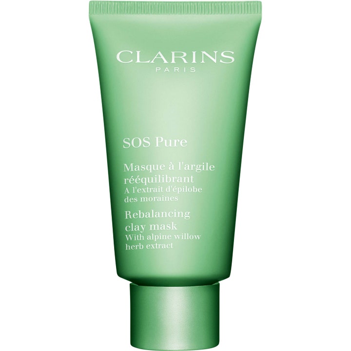 Clarins SOS Pure Rebalancing Clay Mask 75ml balancerende lermaske med alpedunurt i en mat grøn tube