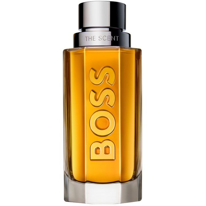 HUGO BOSS The Scent For Him 100 ml Eau de Toilette i elegant glasflakon med varm ravgul parfume.