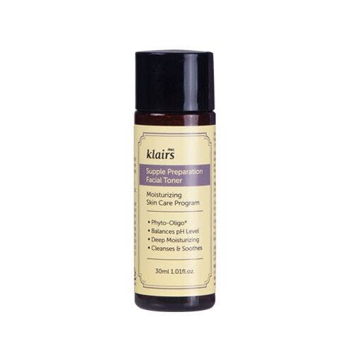 Klairs Supple Preparation Facial Toner 30 ml fugtgivende ansigtstonic i mørk flaske med sort låg