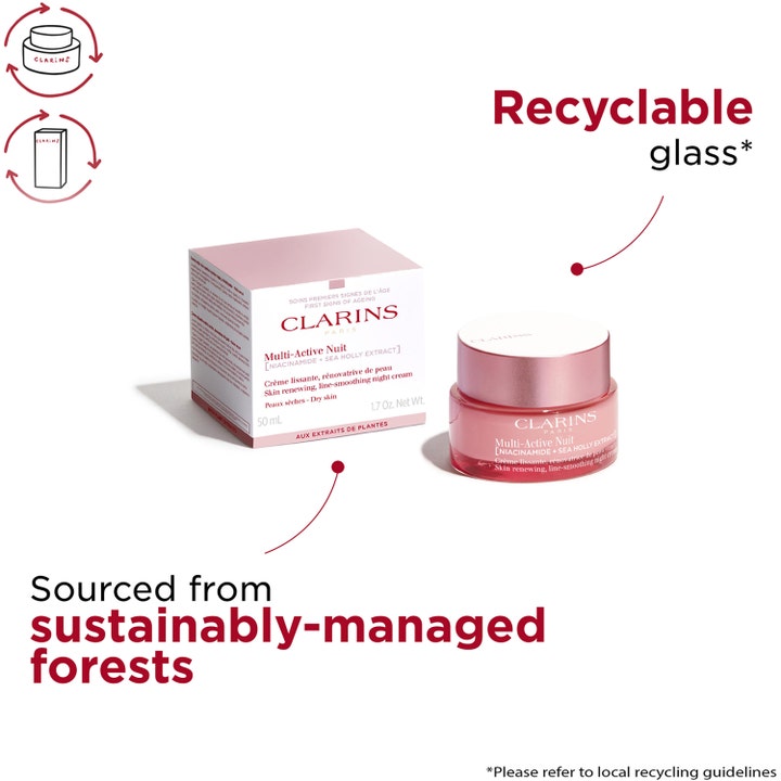 Clarins Multi-Active Nuit 50 ml glattende natcreme i lyserød genanvendelig glaskrukke og bæredygtig papæske.