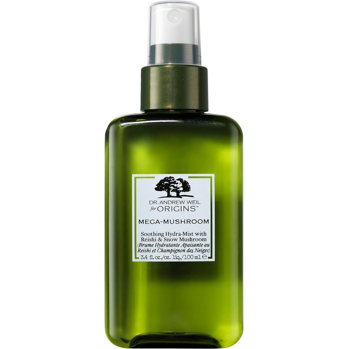 Origins Mega-Mushroom Soothing Hydra-Mist 100 ml beroligende ansigtsspray i mørkegrøn gennemsigtig flaske