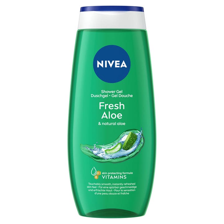 Nivea Fresh Aloe Shower Gel forfriskende kropsvask i grøn plastflaske med hvidt låg og grafik af aloe vera.