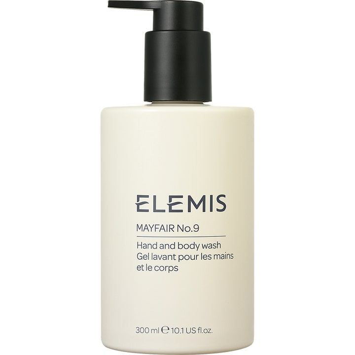 Elemis Mayfair No. 9 Hand and body wash 300 ml renser huden i en stilren cremefarvet flaske med sort pumpe.