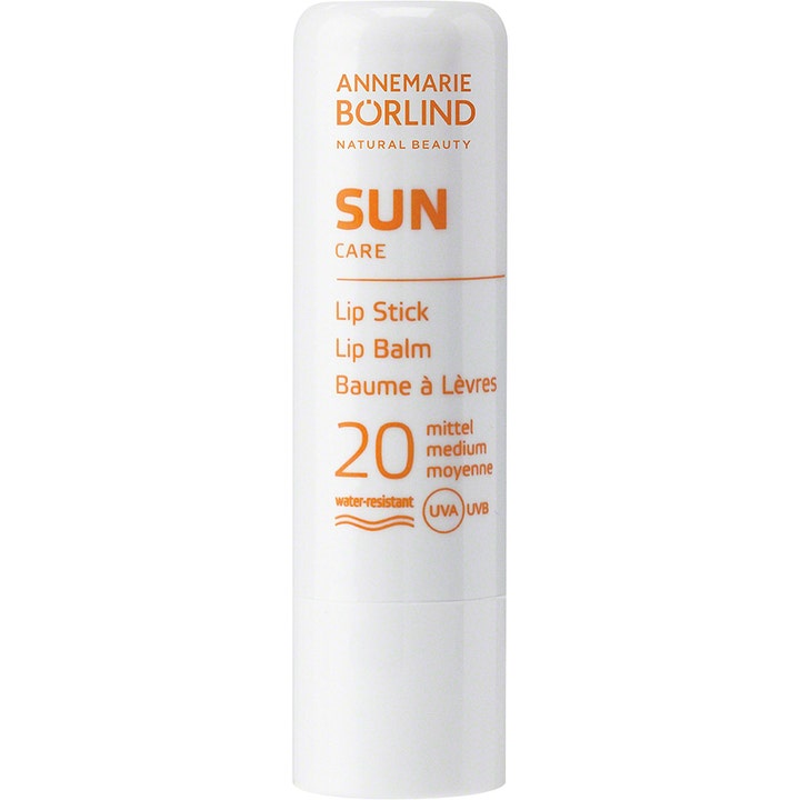 Annemarie Börlind Sun Care Lip Stick SPF 20 beskyttende læbepleje i hvidt hylster med orange tekst og solfilter.