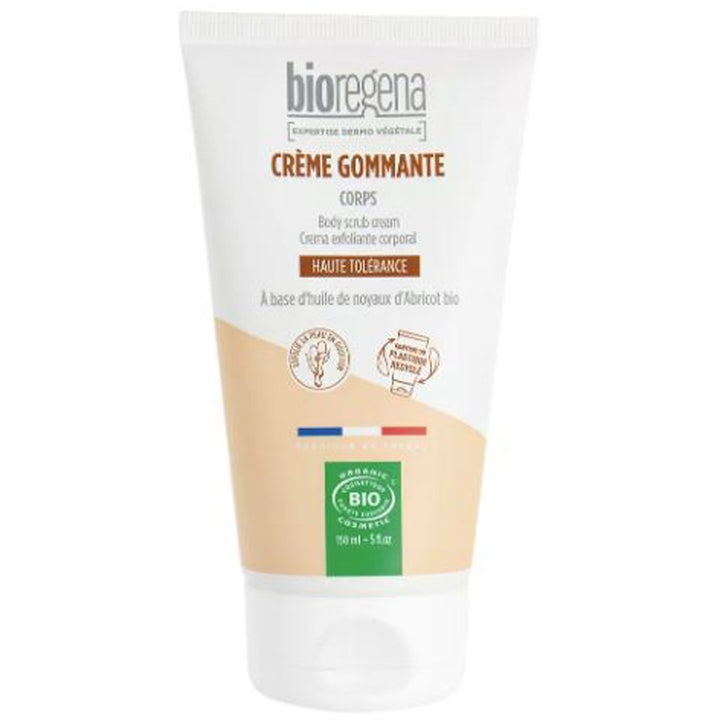 Bioregena Crème Gommante Corps 150 ml eksfolierende kropspeeling i hvid tube med orange grafik og hvidt låg