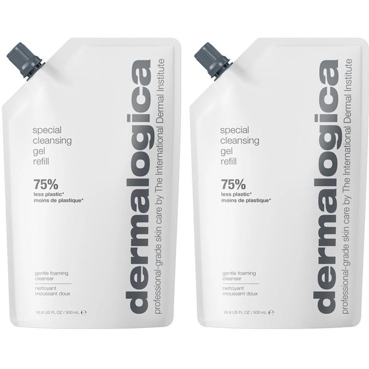 Dermalogica Special Cleansing Gel 500 ml skummende ansigtsrens i to hvide refill-poser med grå skruelåg.