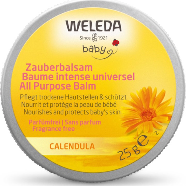 Weleda Baby Calendula All Purpose Balm 25 g beskyttende salve til tør hud i gul metaldåse med orange morgenfrue og sølvkant