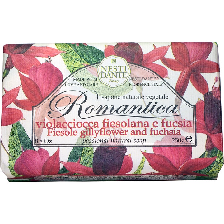 Nesti Dante Romantica 250g velduftende fast sæbe i papiremballage med smukt mønster af røde fuchsiaer og grønne blade
