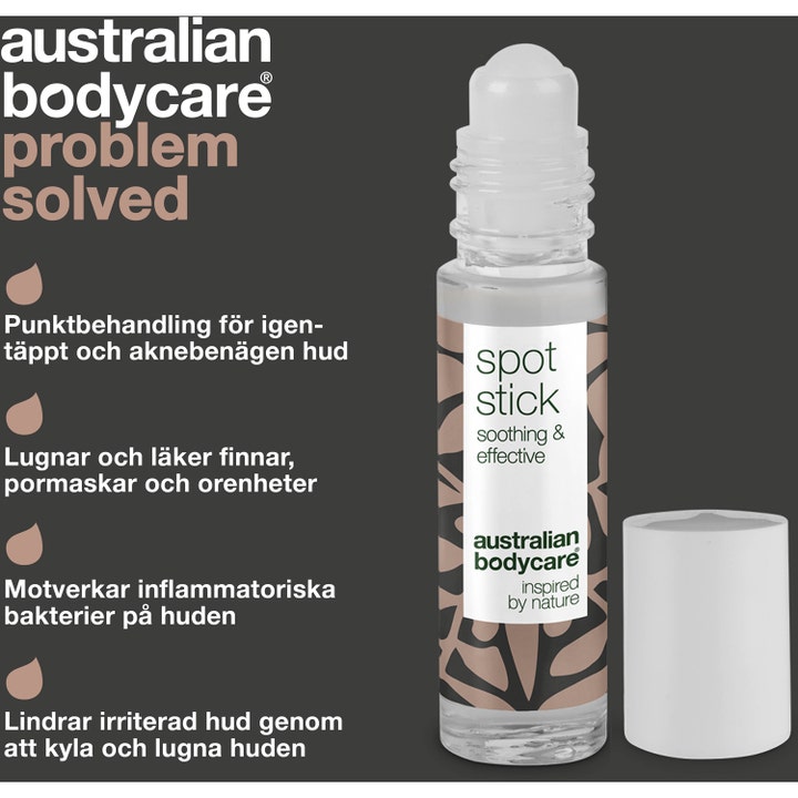 Australian Bodycare Spot Stick 9 ml mod bumser i en gennemsigtig roll-on flaske med hvidt låg og infografik