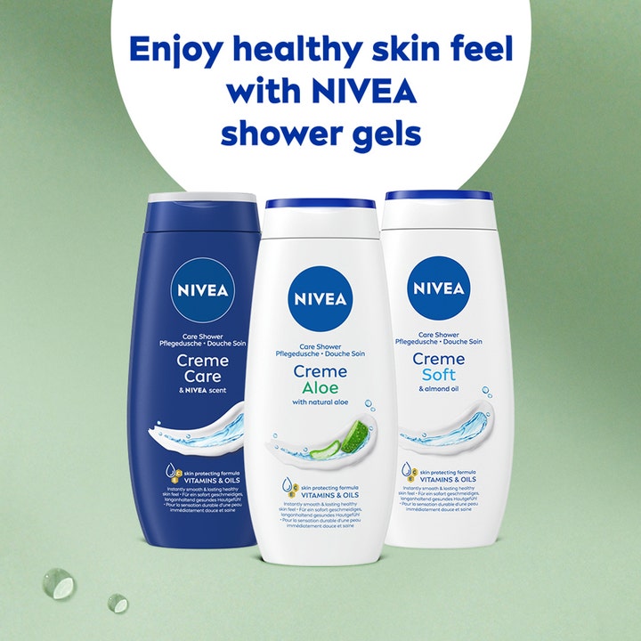 NIVEA Shower Summer Creme Aloe 250 ml plejende duschtvål i tre forskellige flasker på grøn baggrund