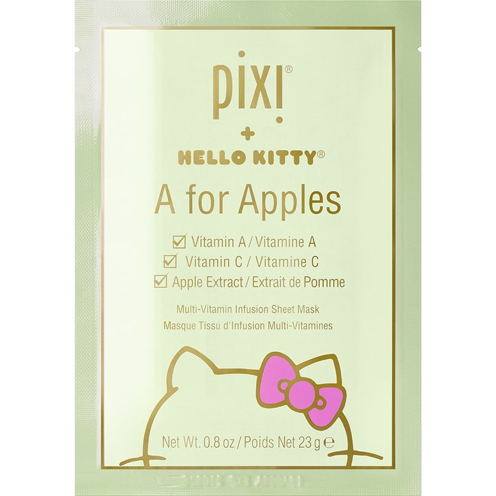 Pixi Hello Kitty A for Apples 23 g sheet maske med vitamin C der giver glød i lysegrøn indpakning med pink sløjfe.