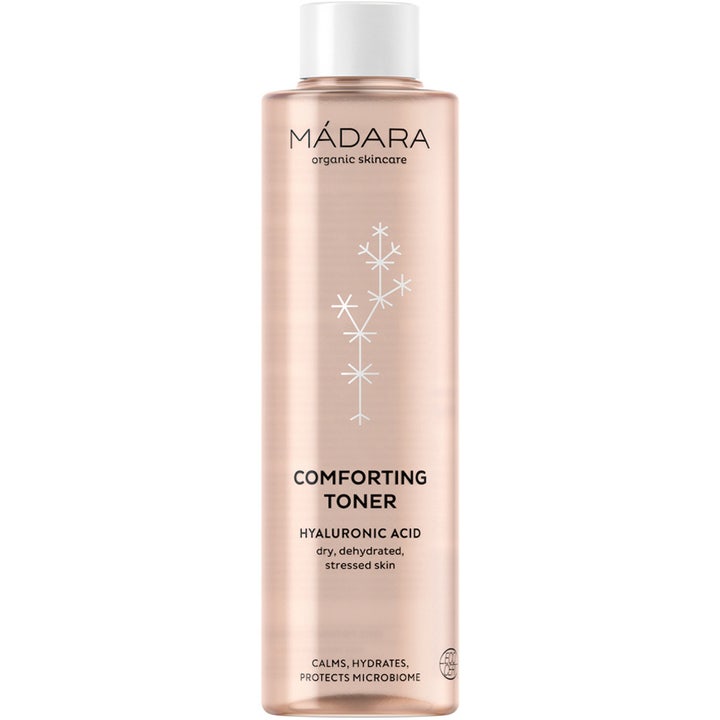 Mádara Comforting Toner 200ml fugtgivende skintonic med hyaluronsyre i en lyserød flaske med hvidt skruelåg.