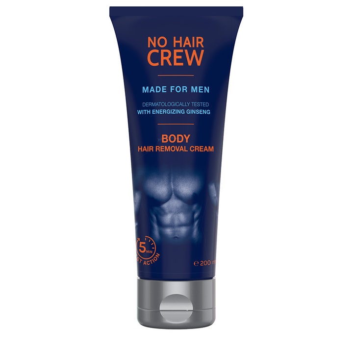 No Hair Crew Body Hair Removal Cream 200 ml hårfjerningscreme til mænd i mørkeblå tube med ginseng og muskuløs torso