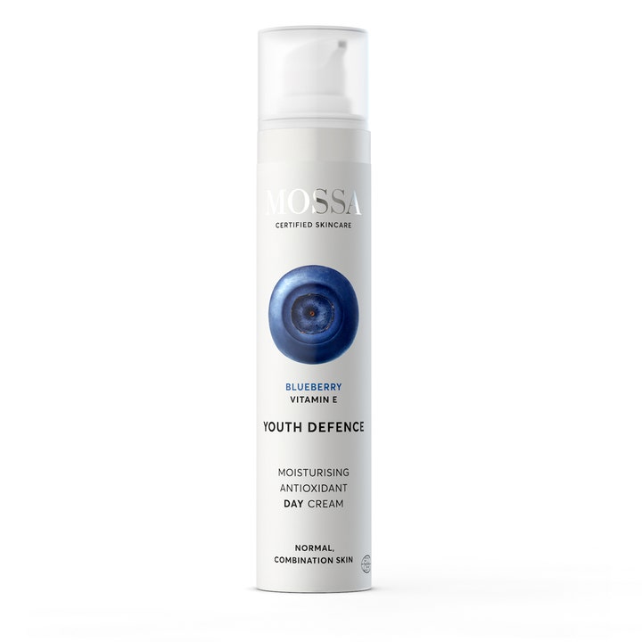 Mossa Youth Defence 50ml fugtgivende dagcreme i hvid pumpeflaske med et blåt blåbær og gennemsigtigt låg.
