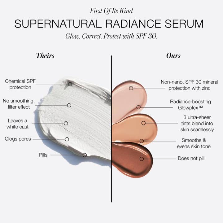 RMS Beauty SuperNatural Tinted Serum SPF30 Light Aura 30 ml ansigtsserum viser tre farvede teksturer med mineralbeskyttelse.