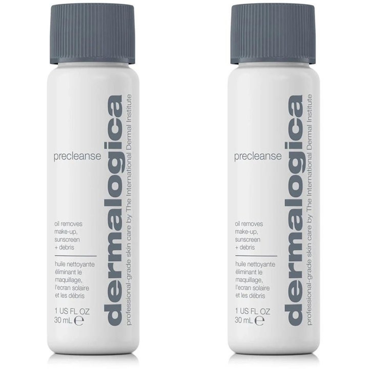 Dermalogica Precleanse 30 ml renseolie fjerner makeup i to hvide flasker med grå rillede låg