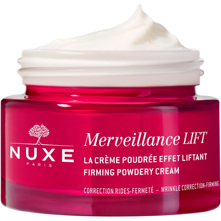 Nuxe Merveillance LIFT 50 ml opstrammende dagcreme i en rød glasrukke med en rig hvid tekstur til rynkekorrektion