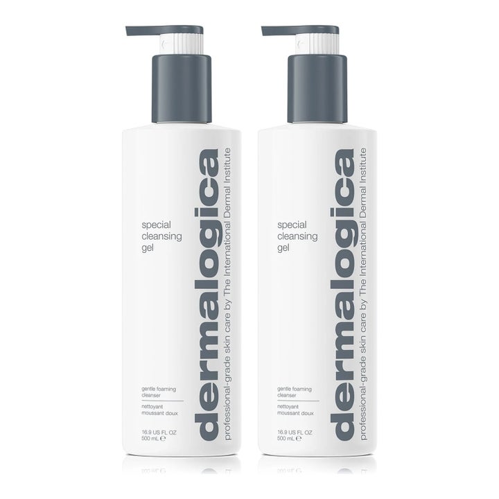 Dermalogica Special Cleansing Gel 500 ml skånsom ansigtsrens i to hvide flasker med grå pumper fjerner urenheder.