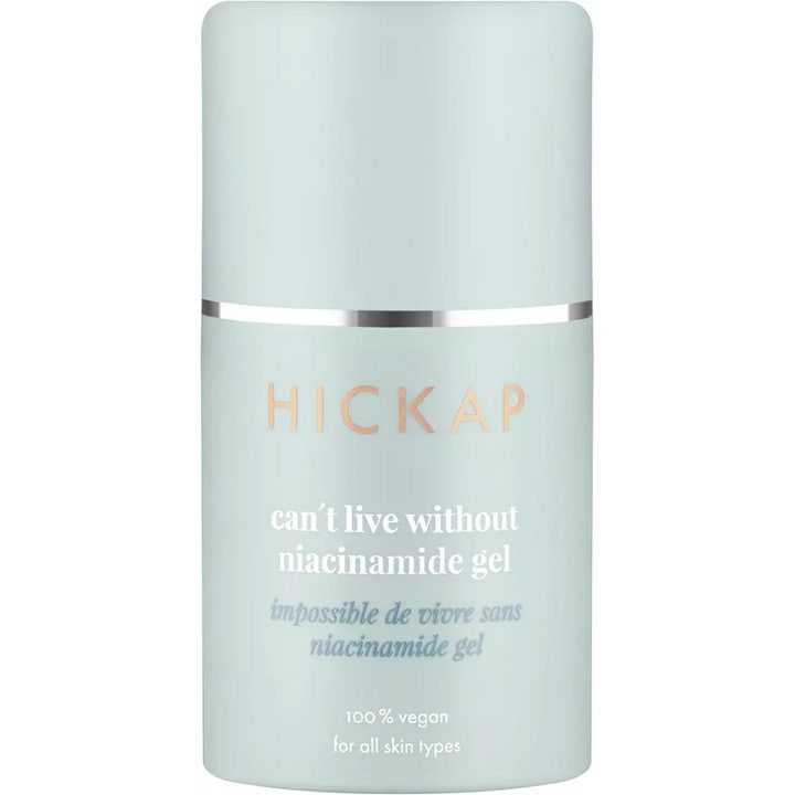Hickap Can't Live Without Niacinamide Gel beroligende ansigtsgel i lysegrøn flaske med sølvstribe.