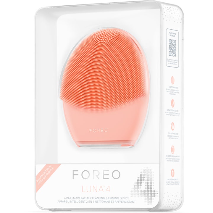 FOREO LUNA 4 Balanced Skin 1 stk ansigtsbørste i ferskenfarvet silikone i gennemsigtig plastemballage
