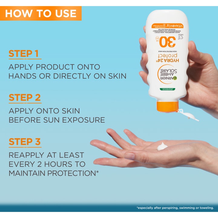 Garnier Ambre Solaire Hydra 24H Protect SPF30 175 ml solcreme i hvid flaske med instruktioner til påføring