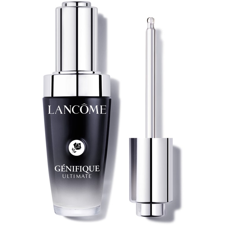 Lancôme Génifique Ultimate reparerende ansigtsserum i en sort ombré glasflaske med en separat sølvfarvet pipette