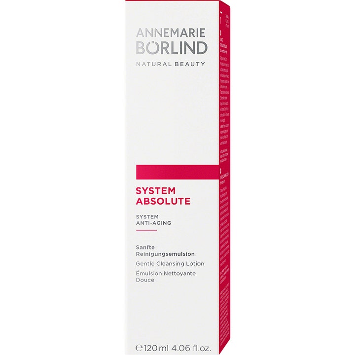 Annemarie Börlind System Absolute Cleansing Lotion 120 ml anti-aging ansigtsrens i hvid æske med røde detaljer.