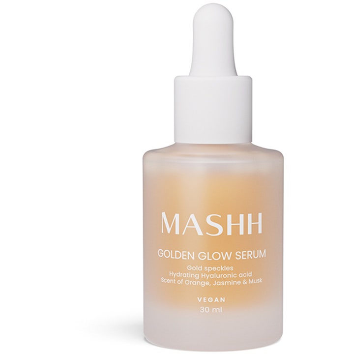 Mashh Golden Glow Serum 30 ml fugtgivende ansigtsserum med hyaluronsyre i en frostet glasflaske med hvid pipette